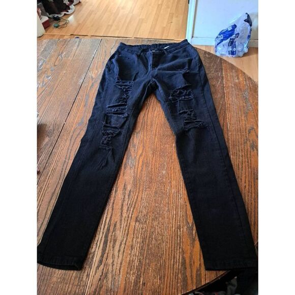 New Large Black Distressed Skinny Tight Stretch Denim Jeans w Pockets Belt Loops - Picture 1 of 5